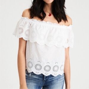 American Eagle AEO Off Shoulder Eyelet Tiered Top Cotton White Cottagecore Sz XS